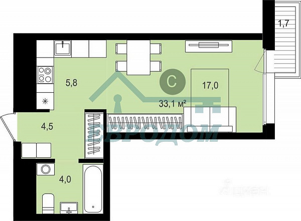 1-комн. квартира, 33 кв.м
