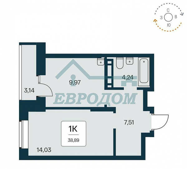 1-комн. квартира, 39 кв.м