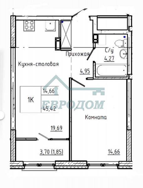 1-комн. квартира, 45.42 кв.м