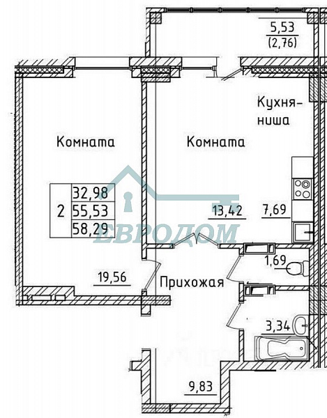2-комн. квартира, 58.3 кв.м