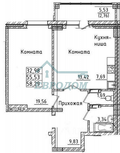 1-комн. квартира, 58.3 кв.м